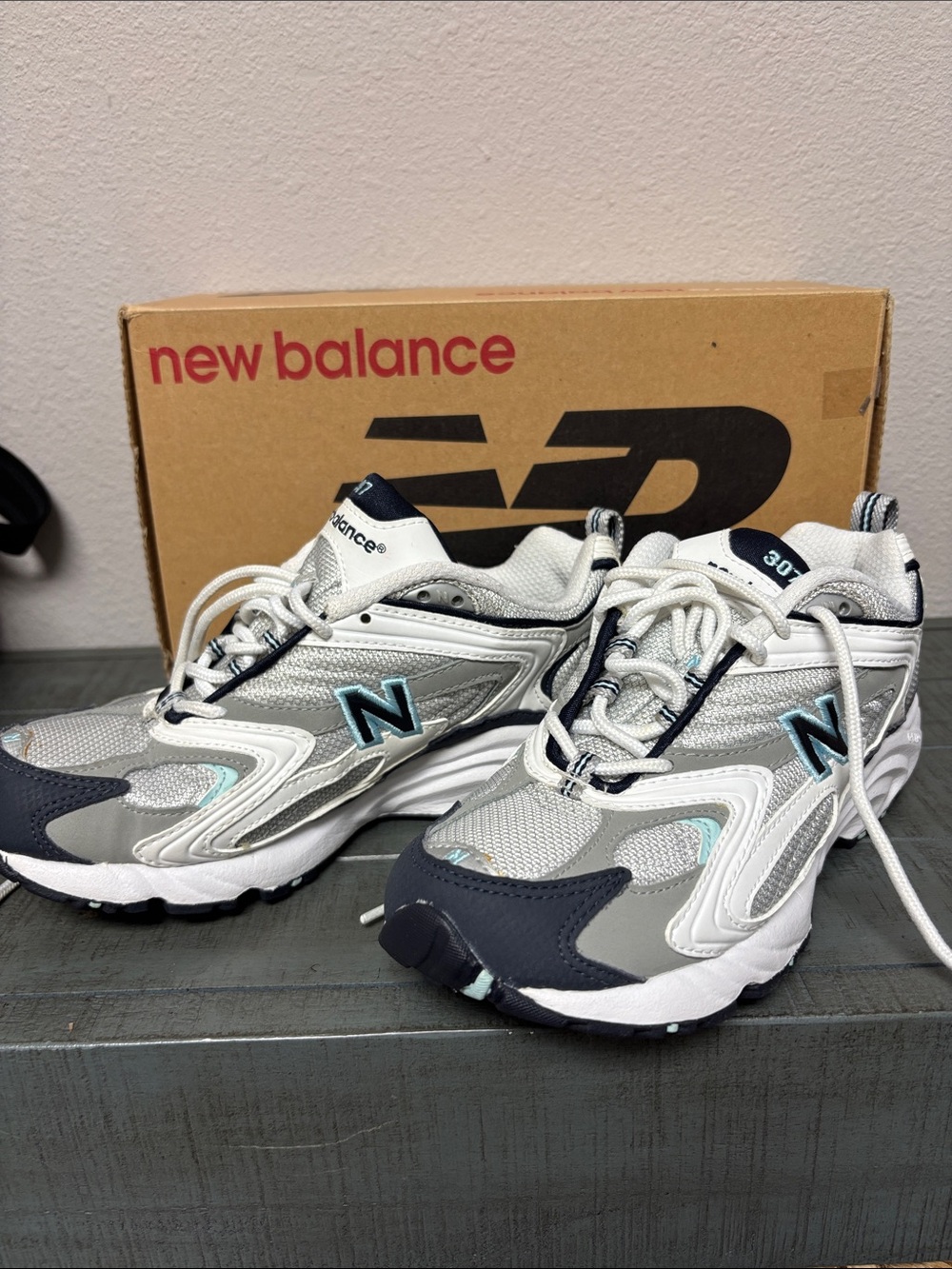 New Balance Athletic Sneakers - White & Gray with Navy Accents
